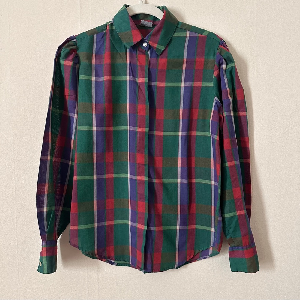Vintage JcPenny Cotton Button Down Plaid Shirt with Puff Sleeves